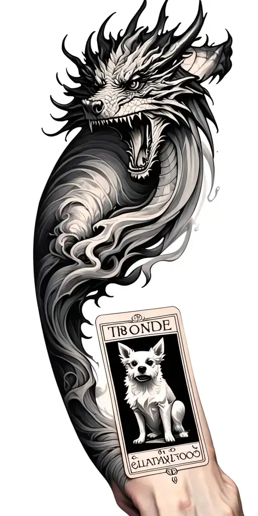 Dragon head on the shoulder, forearm a tarot card with dog, connected to the smoke line. Everything in a black-moke look tattoo design idea