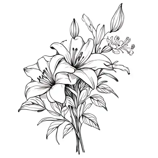 lily, rose and sweet William flower in boquet held together tattoo design idea