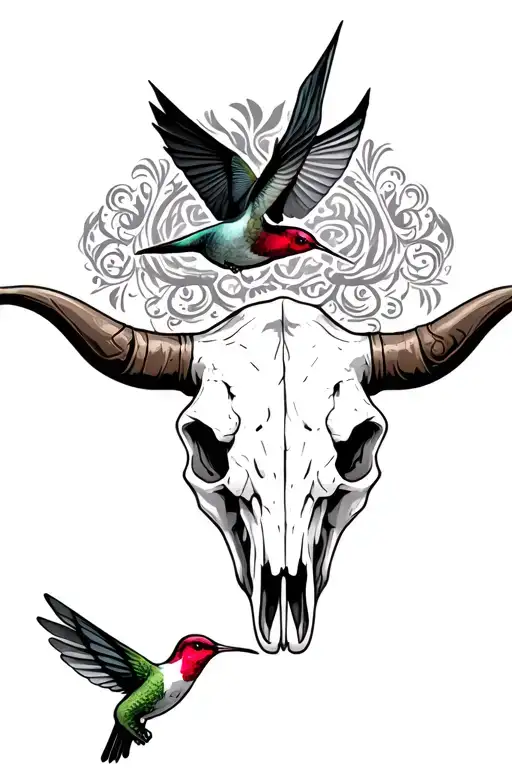 longhorn cow skull with ruby throated hummingbird landing on one horn and decorative leather pattern around skull tattoo design idea