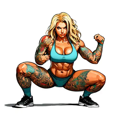 female bodybuilder with blonde hair performing a squat tattoo design idea