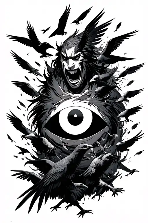 itatchi mangyeko sharingan with lots of crows breaking off him tattoo design idea