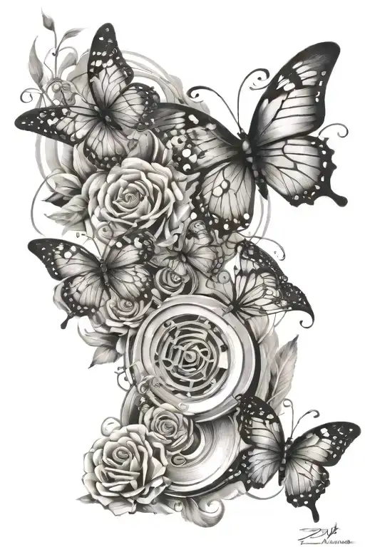 half sleeve for man. musical elements around the tattoo. 2 small butterflies, one large butterfly. tattoo design idea