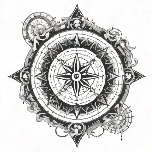 A black and grey interpretation of a compass intertwined with psychedelic patterns and space imagery tattoo design idea