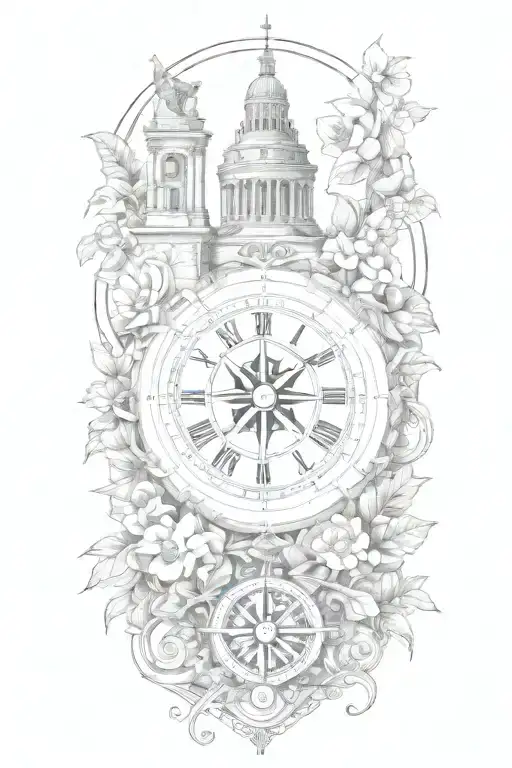 tattoo featuring roman buildings, and navigation compass surrounded by flowers and vines tattoo design idea