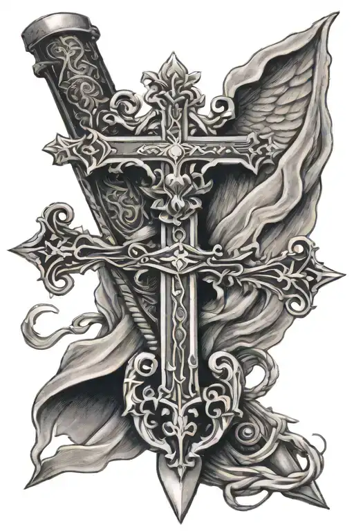 psalm 91:1 with a sword and a cross intertwined tattoo design idea