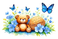 a small cartoon peanut shell sitting next to a teddy bear surrounded by sweet pea flowers and blue butterflies tattoo design idea