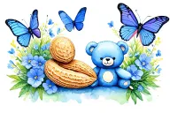 a small cartoon peanut shell sitting next to a teddy bear surrounded by sweet pea flowers and blue butterflies tattoo design idea