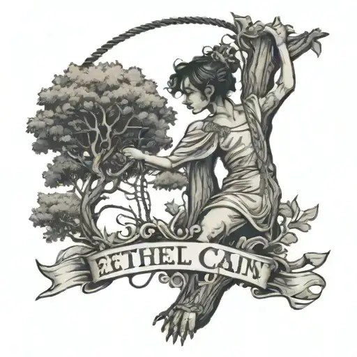 Tattoo of a tree with a noose hanging down and a girl in an ol dress swinging from it.the words 'Ethel Cain' below tattoo design idea