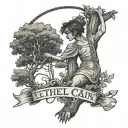 Tattoo of a tree with a noose hanging down and a girl in an ol dress swinging from it.the words 'Ethel Cain' below tattoo design idea
