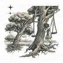 Tattoo of a tree with a noose hanging down and a girl in an ol dress swinging from it.the words 'Ethel Cain' below tattoo design idea
