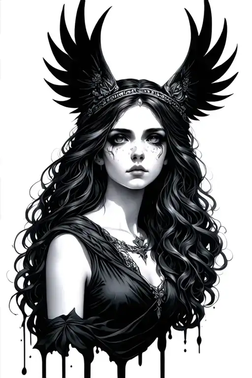 A solemn, mysterious feminine figure—guardian of forgotten places and memories. She embodies sorrow, stillness.  tattoo design idea