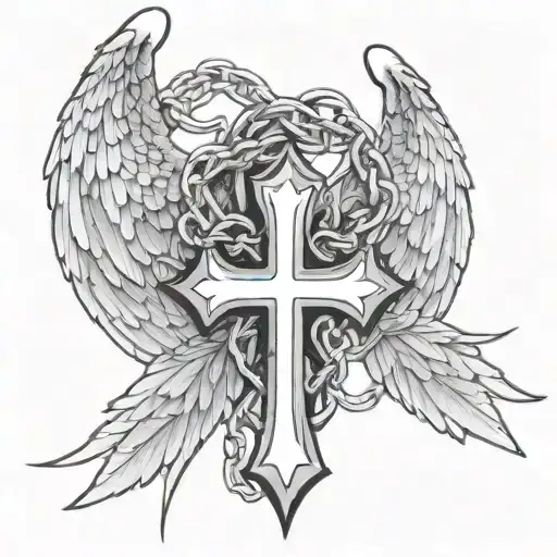 cross bound by a broken chain  with     bigger  angel wings tattoo design idea