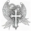 cross bound by a broken chain  with     bigger  angel wings tattoo design idea
