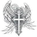 cross bound by a broken chain  with     bigger  angel wings tattoo design idea