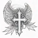 cross bound by a broken chain  with     bigger  angel wings tattoo design idea