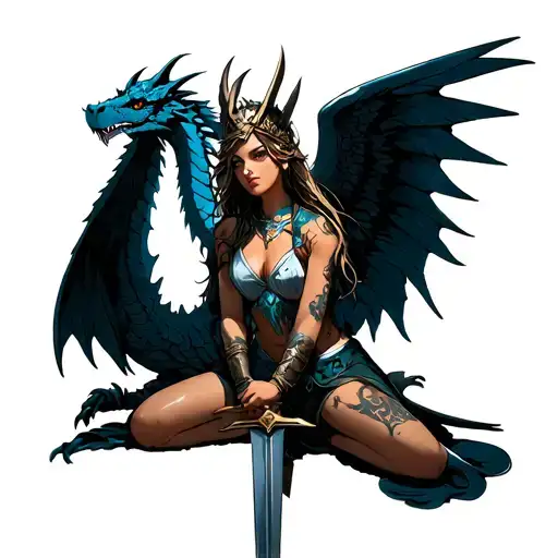 valkyrie with wings holding a sword on her knees and behind her is a dragon  tattoo design idea