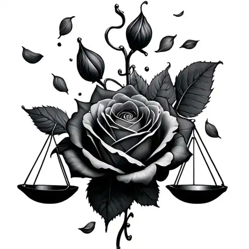 Libra scale, black rose and falling petals floating tattoo design idea