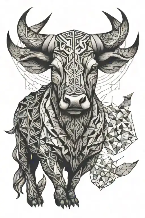 Taurus, bull, head, geometric, symmetrical,  thigh tattoo  tattoo design idea