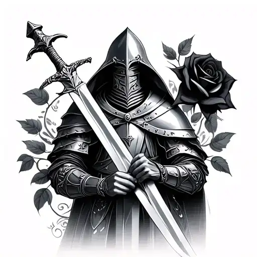 templar knight holding a sword with a black rose  tattoo design idea