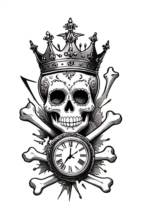sugar skull with queen crown and broken cross bones beneath with hour glass and clock  tattoo design idea