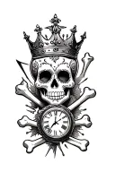 sugar skull with queen crown and broken cross bones beneath with hour glass and clock  tattoo design idea