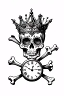 sugar skull with queen crown and broken cross bones beneath with hour glass and clock  tattoo design idea