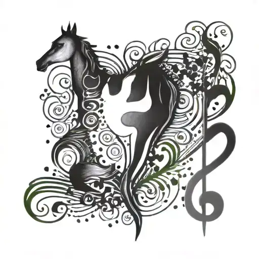 Incorporate a music note heart with a dog paw print and a horse hoof print inside, representing love for music, dogs, and horses tattoo design idea