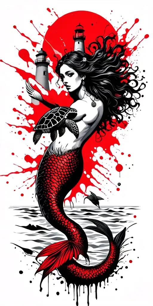 land and sea with mermaid and sea turtle and lighthouse  tattoo design idea