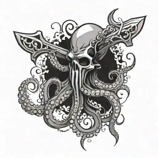 a vertical dagger wrapped in an octopus, tattoo design idea