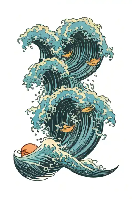 scorching sun over a light blue ocean wave merging tattoo design idea