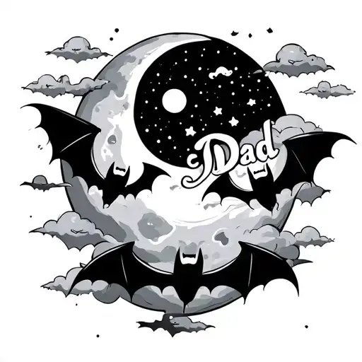Small swarm bats with the word Dad inside a small moon in the background,and clouds around the bats tattoo design idea