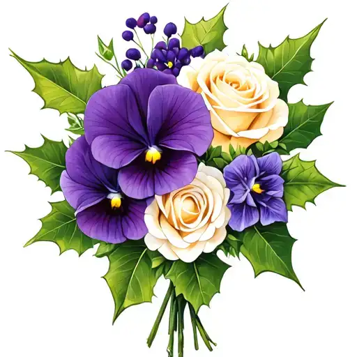 flower bouquet african violet, white rose, holly flowers tattoo design idea