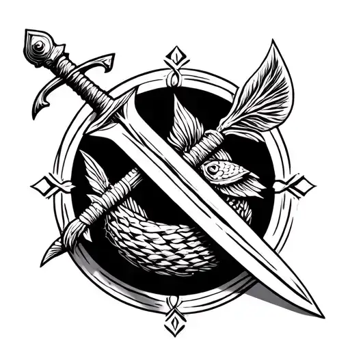 basket hilted broadsword and pike spear crossed  tattoo design idea