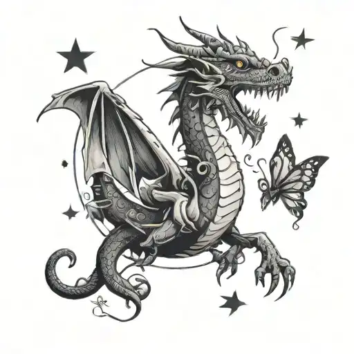 a dragon with a semicolon symbol with butterflies and stars around it tattoo design idea