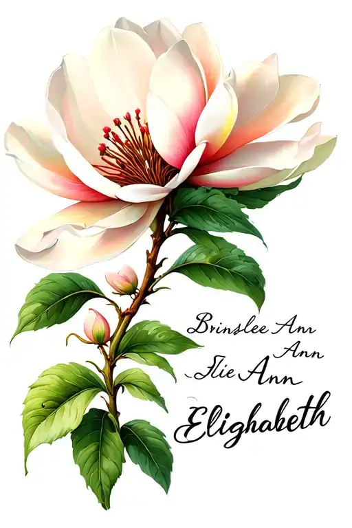 Brinslee Ann in cursive writing with a magnolia flower. the stem of the flower saying Julie Ann Elizabeth in cursive  tattoo design idea