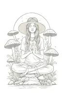 hippie girl meditating on a m ushroom  tattoo design idea