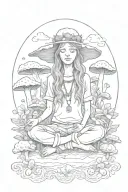 hippie girl meditating on a m ushroom  tattoo design idea