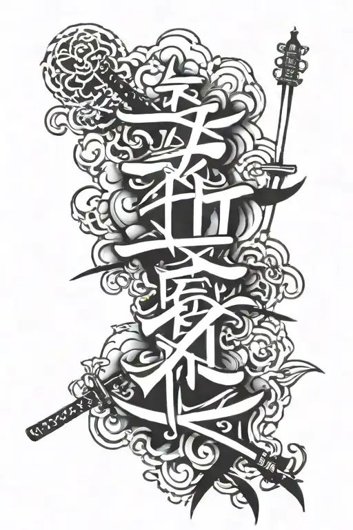 japanese kanji for love being pierced by katana tattoo design idea