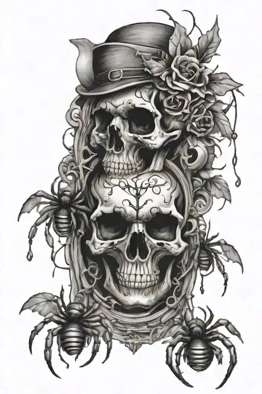 hourglasss with spiders and skulls tattoo design idea