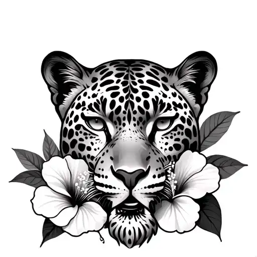 Jaguar print with hibiscus flowers on forearm tattoo design idea