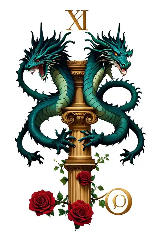 twin dragons wrapped around the columns of a gemini zodiac symbol (like the roman numeral) with rose vines tattoo design idea