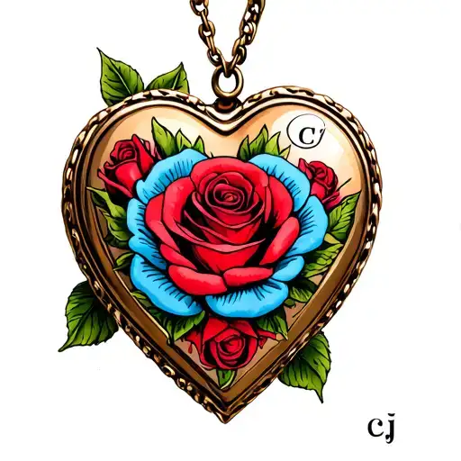 Red and blue roses heart shaped locket with initial cj tattoo design idea