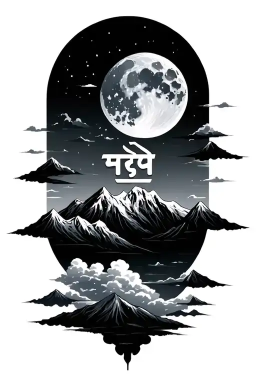 "करुणा" mountain moon above clouds floating tattoo design idea