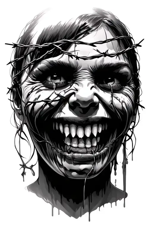LAUGH NOW CRY LATER WITH BARBED WIRE OUTLINE WITH FACE tattoo design idea
