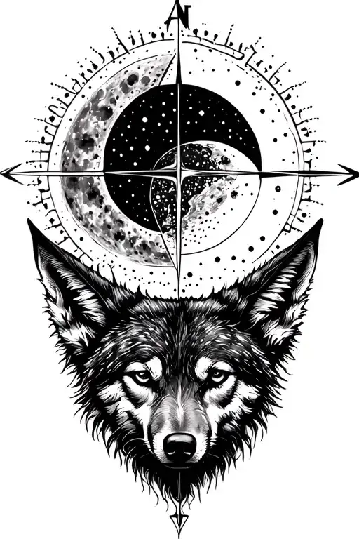 lone wolf compass under sun and moon solar eclipse arrown line on back spine  tattoo design idea