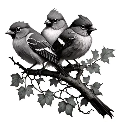 3 fluffy birds on ivy branch tattoo design idea