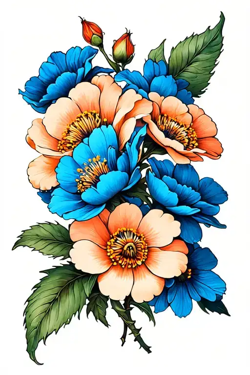 blue apricot flowers blooming tattoo design idea