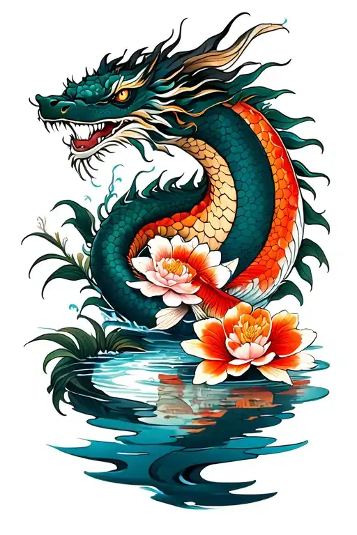Japanese dragon drinking water from pond, flowers, koi fish, Japanese style, full back tattoo, nisaco style tattoo design idea