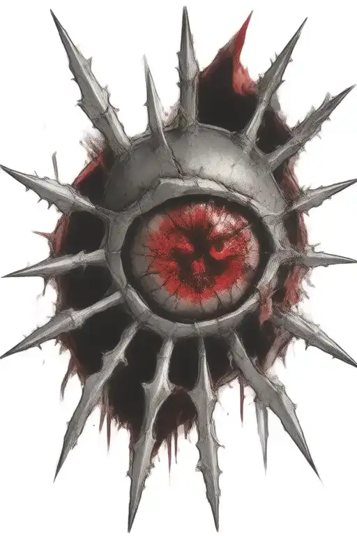 Satanic Realistic wound, cracked and bleeding. dark black blood red. Bleeding Thorns black spider web and Silver Horns tattoo design idea