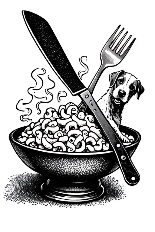 A playful dotwork tattoo of a chef's knife and fork crossed over a steaming bowl of macaroni and cheese, with a dog peeking out from behind the bowl tattoo design idea